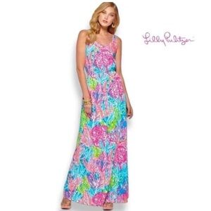 Lilly Pulitzer Tria Maxi Lets Cha Cha Dress Holy Grail Sz XS‎ Beachy Coatal pink